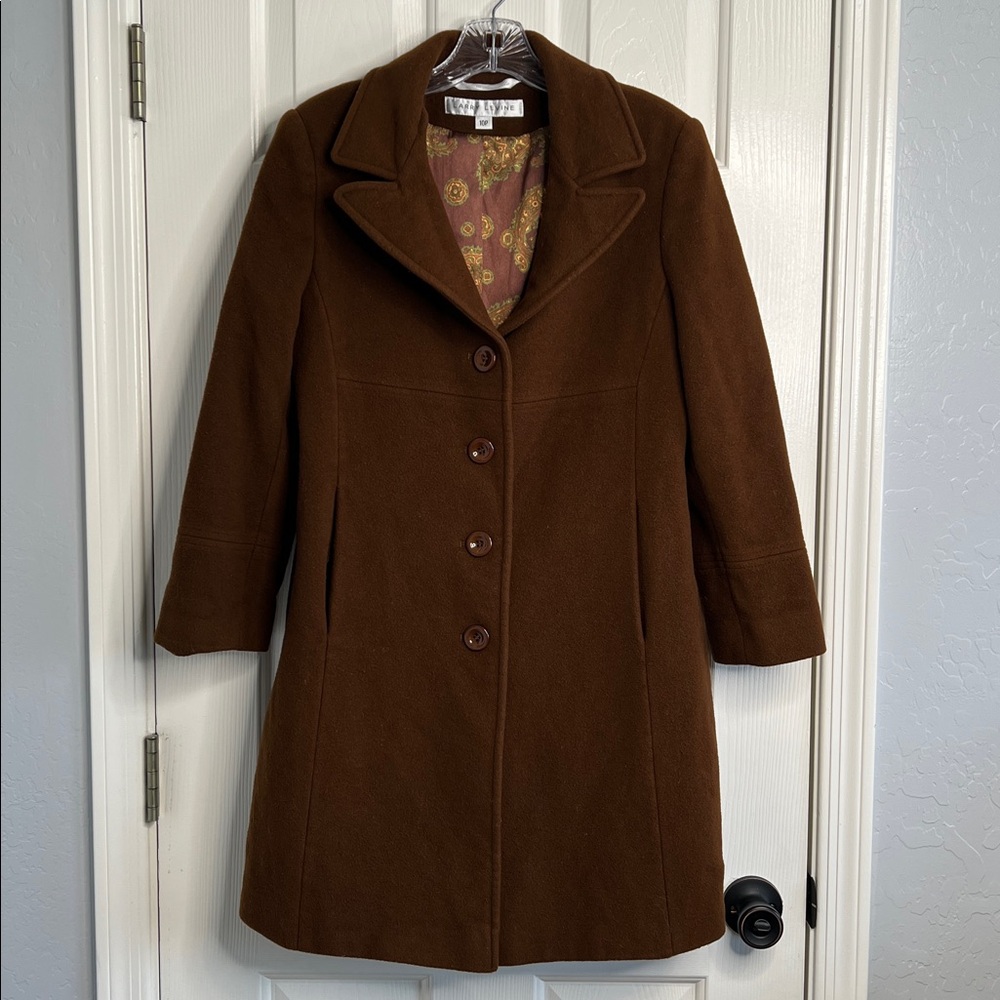 Vintage Larry Levine women’s brown peacoat jacket 10P silky paisley lining